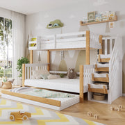 Letto a castello per bambini con letto estraibile; pino e MDF; scala contenitore; bianco e legno naturale