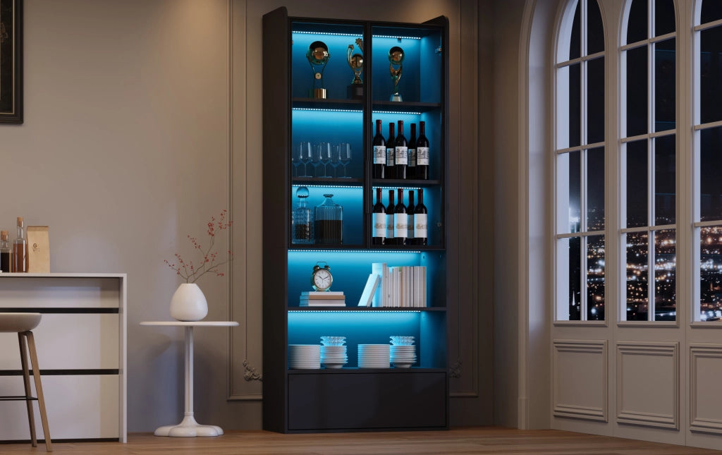 Vetrina Alta 80x34x180 cm con Vetro, 1 Cassetto e Illuminazione LED Controllabile via App, Nero