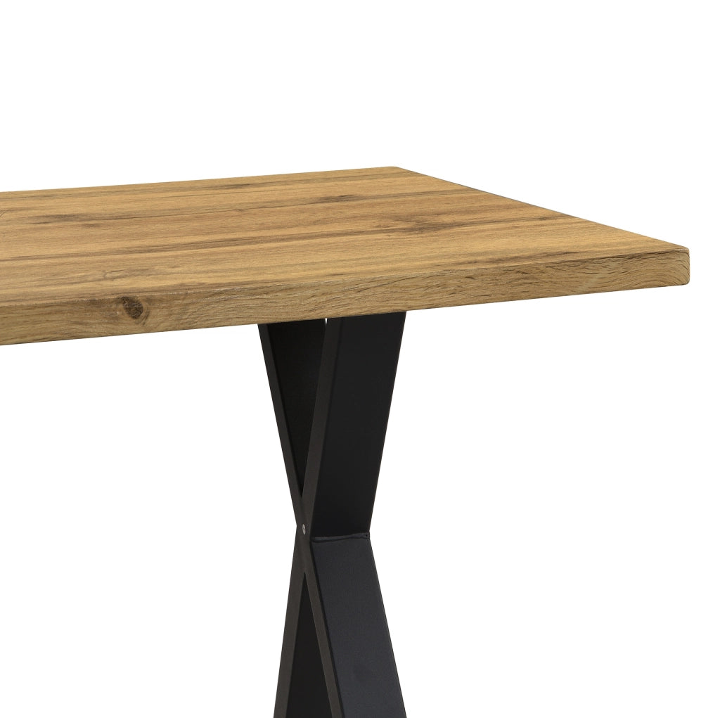 Tavolo da pranzo in MDF e metallo con gambe incrociate; color rovere