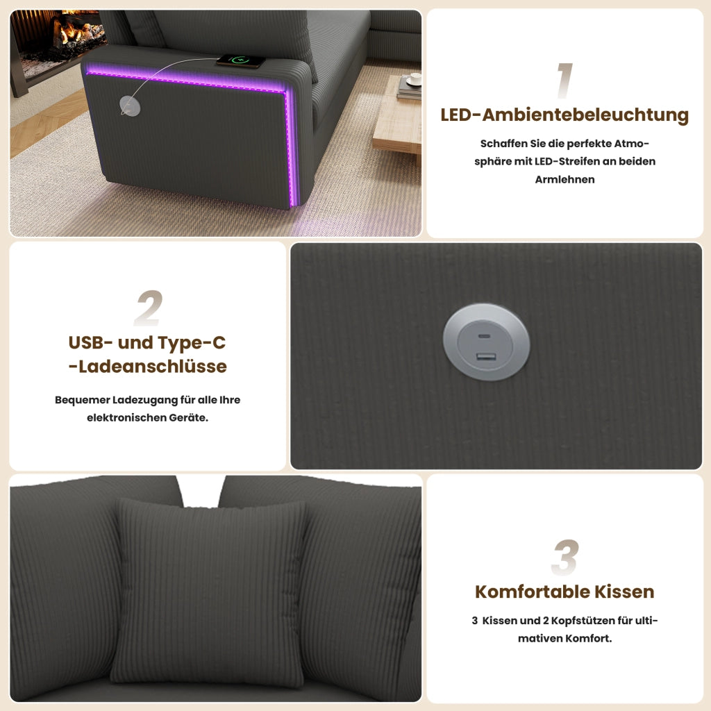 Divano angolare con LED, USB e USB-C, cuscini removibili in velluto a coste grigio, 198 × 198 × 83 cm