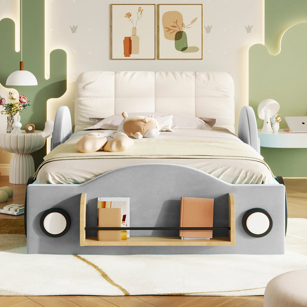 Letto imbottito 90x200 cm grigio in flanella con vano idraulico e tasche laterali