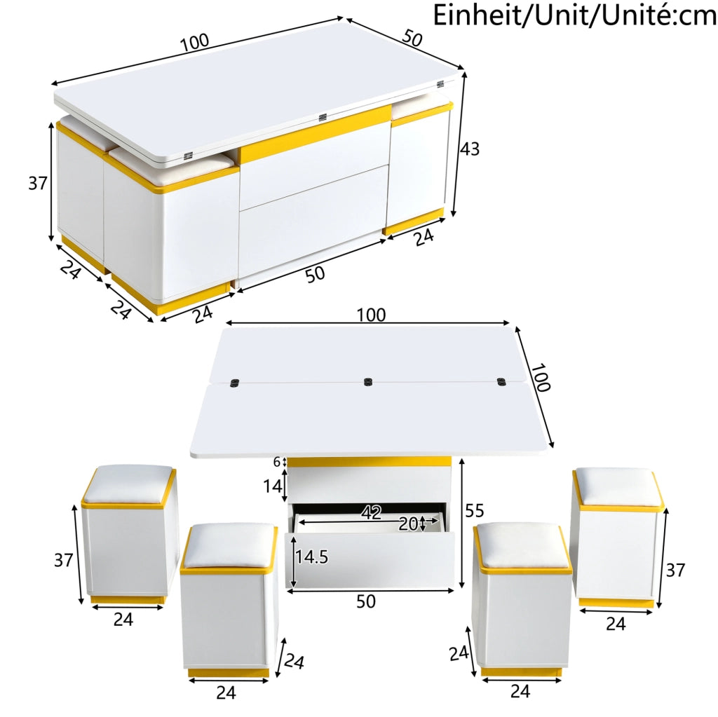 Tavolino trasformabile bianco e giallo con 4 sgabelli contenitore, 100 x 50 cm