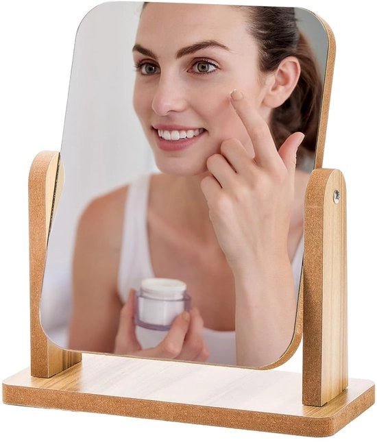 Specchio 360 Gradi in Legno - Vetro di Alta Qualità - 21 x 18 cm - Ideale per il Trucco - Riflessione Netta - Specchio da Tavolo