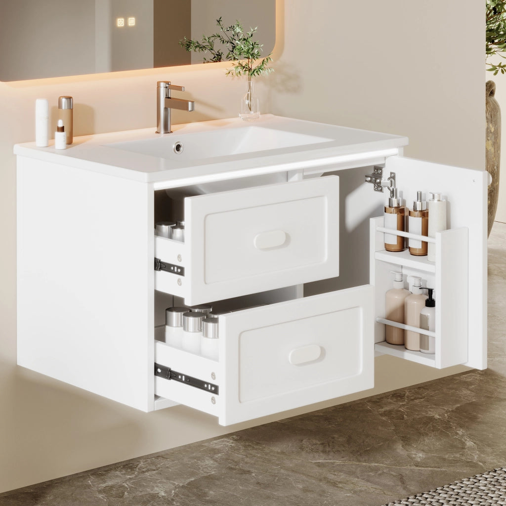 Mobiletto con lavabo sospeso in MDF e ceramica con LED a sensore radar; 2 cassetti bianco 76 × 46 × 51 cm