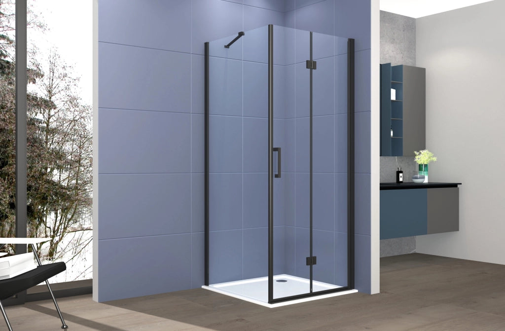 Box doccia Angolare 90x100 cm porta a soffietto + fisso H200 cm cristallo 6 mm profilo NERO OPACO ZAIRA