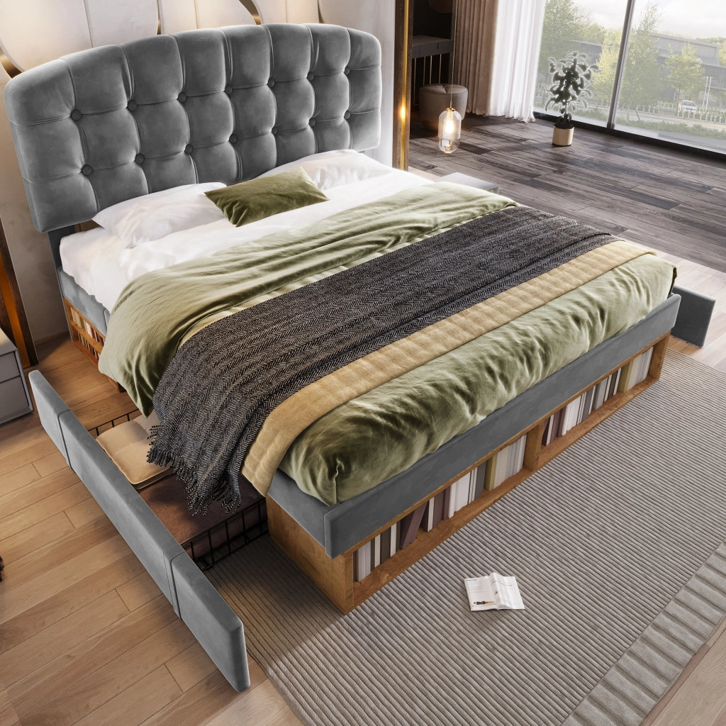 Letto matrimoniale 140x200 imbottito in velluto grigio; testiera regolabile; cassetti e deposito; base a listelli (senza materasso)