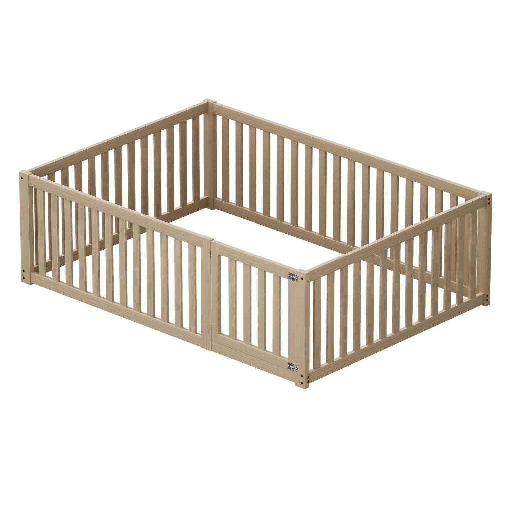 Letto a terra per bambini 140x200 cm in legno con sponde e cancelletto; senza rete; naturale