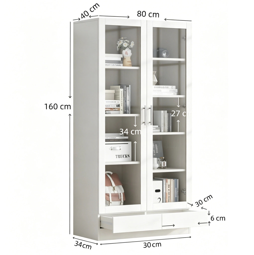 Vetrina 80x40x160 cm in MDF e vetro bianco con 2 cassetti e ripiani