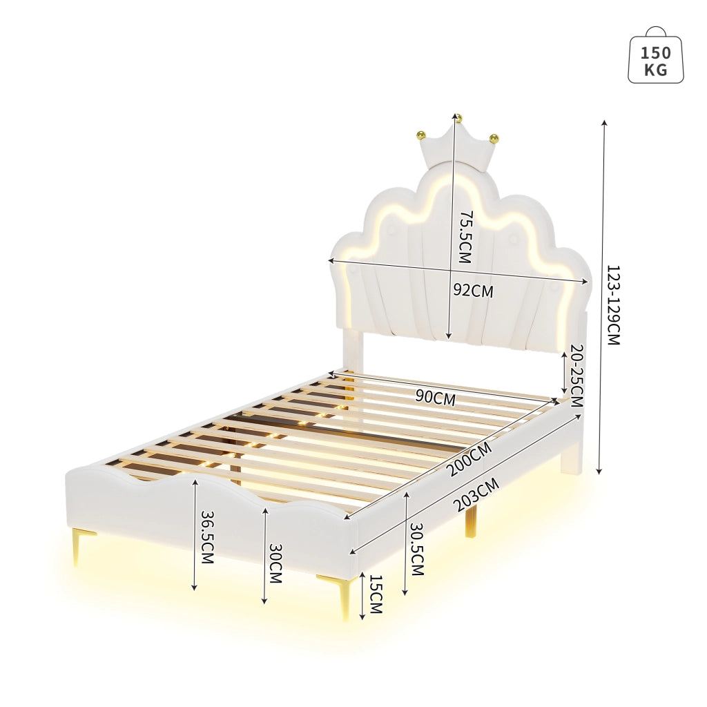 Crown Shape Princess Single Bed 90x200cm con strisce LED in PU bianca