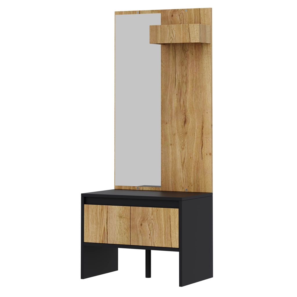 Mobile da ingresso con appendiabiti, specchio, panca portascarpe e 2 cassetti, nero e naturale, 60 × 38 × 145 cm