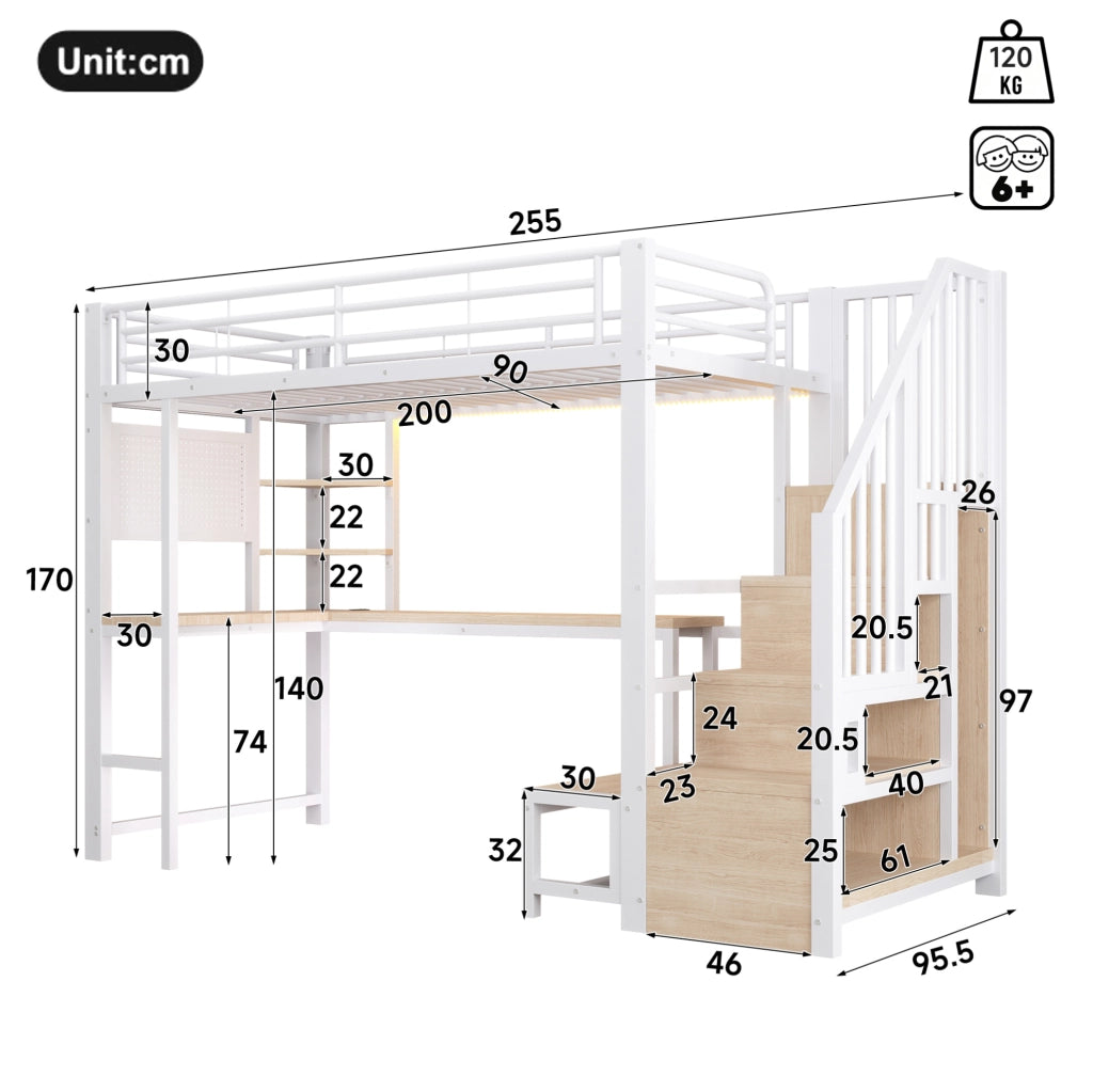 LETTO a Soppalco 90x200 cm con Scrivania, LED, USB e USB-C Bianco