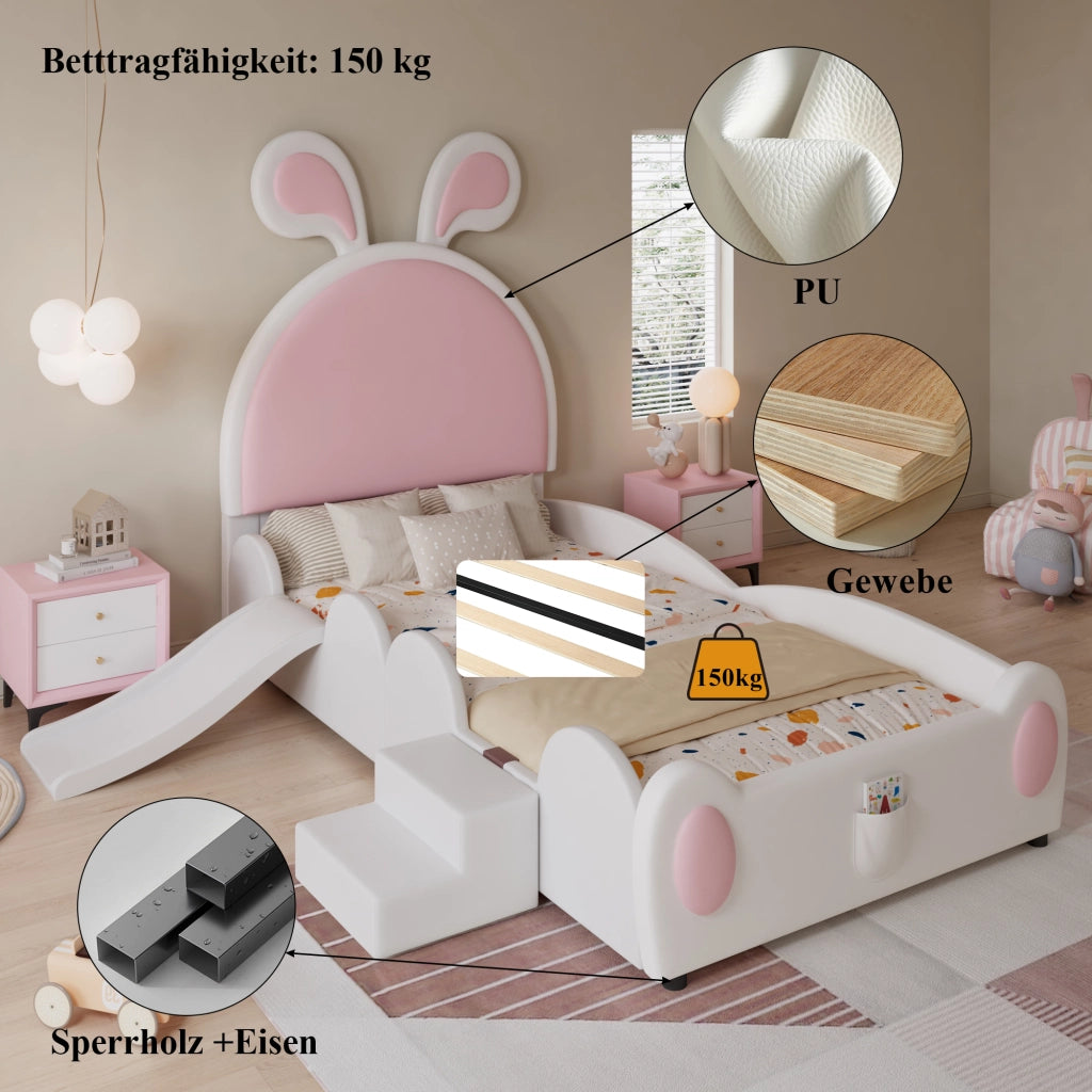Letto singolo 90 × 200 cm con scivolo e scaletta testiera con orecchie in PU bianco e rosa