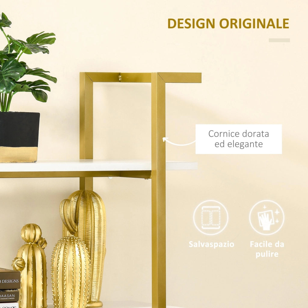 Libreria 4 Ripiani 92x35x152 cm in MDF e Acciaio Bianco e Oro