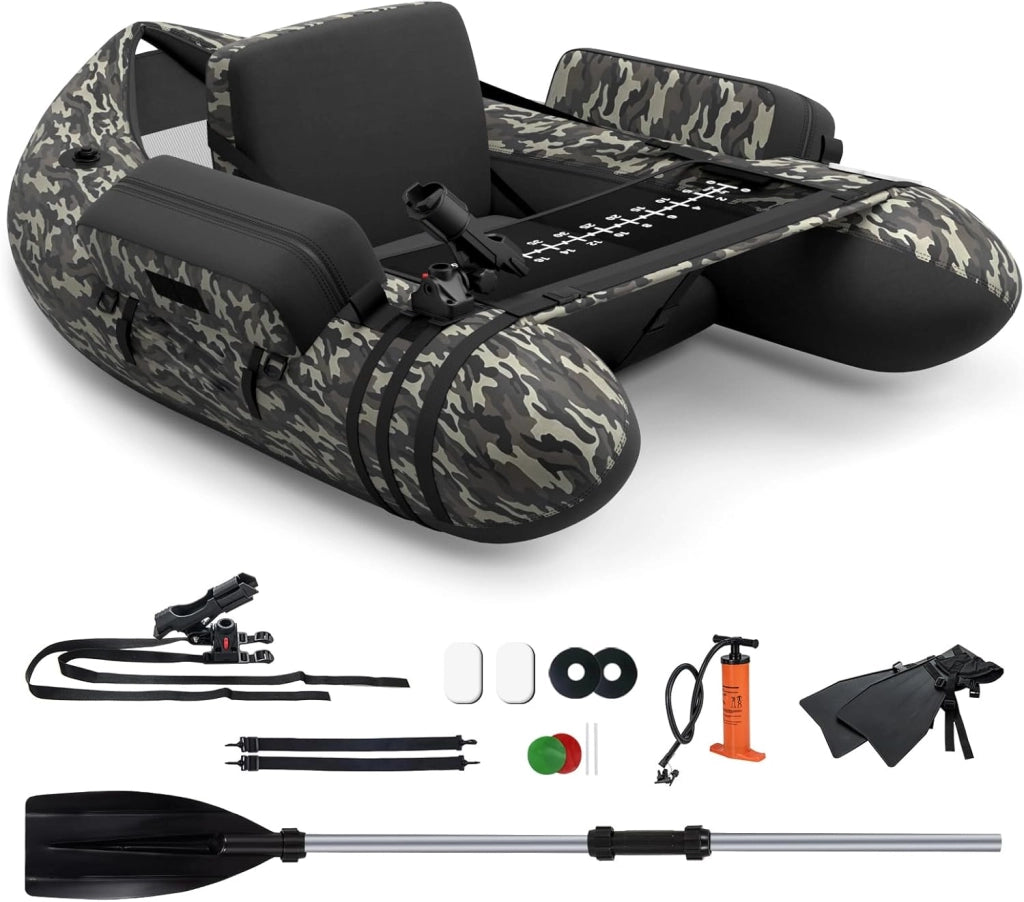 Belly Boat da Pesca Portatile, Gommone Gonfiabile da Pesca con Porta Canne Regolabile, Pompa, Pagaia in Alluminio, Spallacci e Kit di Riparazione, Barca da Mare con 2 Pinne, capacità 160kg