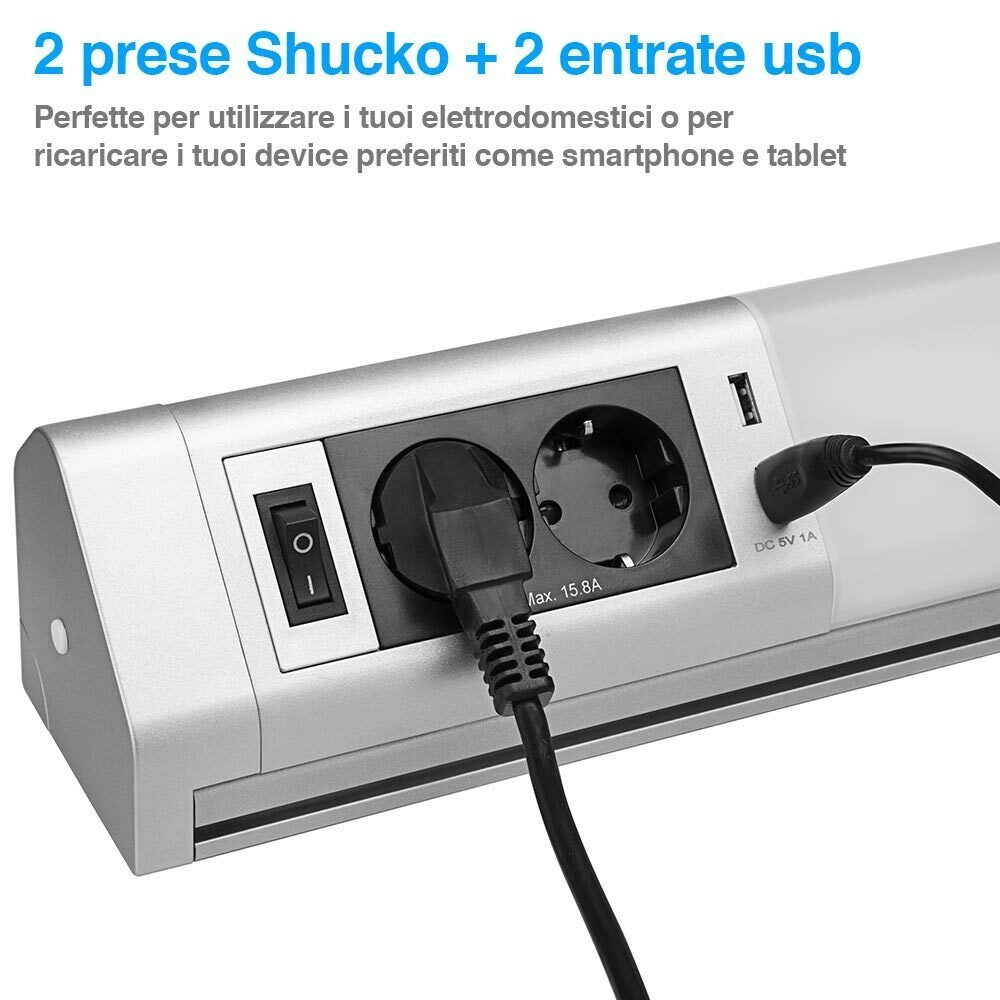 Lampada Luce Sottopensile Cucina Con 5 Ganci Portastoviglie 2 Prese Shucko + USB