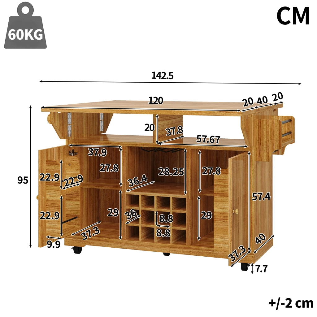 Carrello da cucina mobile con ripiani regolabili, portabottiglie estraibile e piani ribaltabili, in MDF marrone scuro