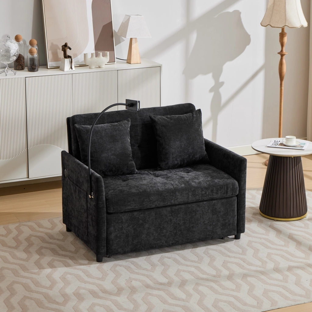 Divano per piccoli spazi in tessuto effetto lino spazzolato nero con porta USB e supporto tablet 83;5 × 109 × 72 cm