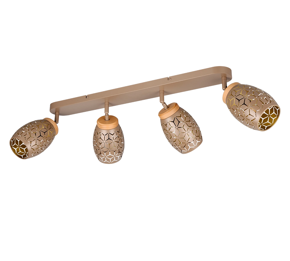 Barra 4 spots, metallo, caffè e legno, L 74 cm, Bidar