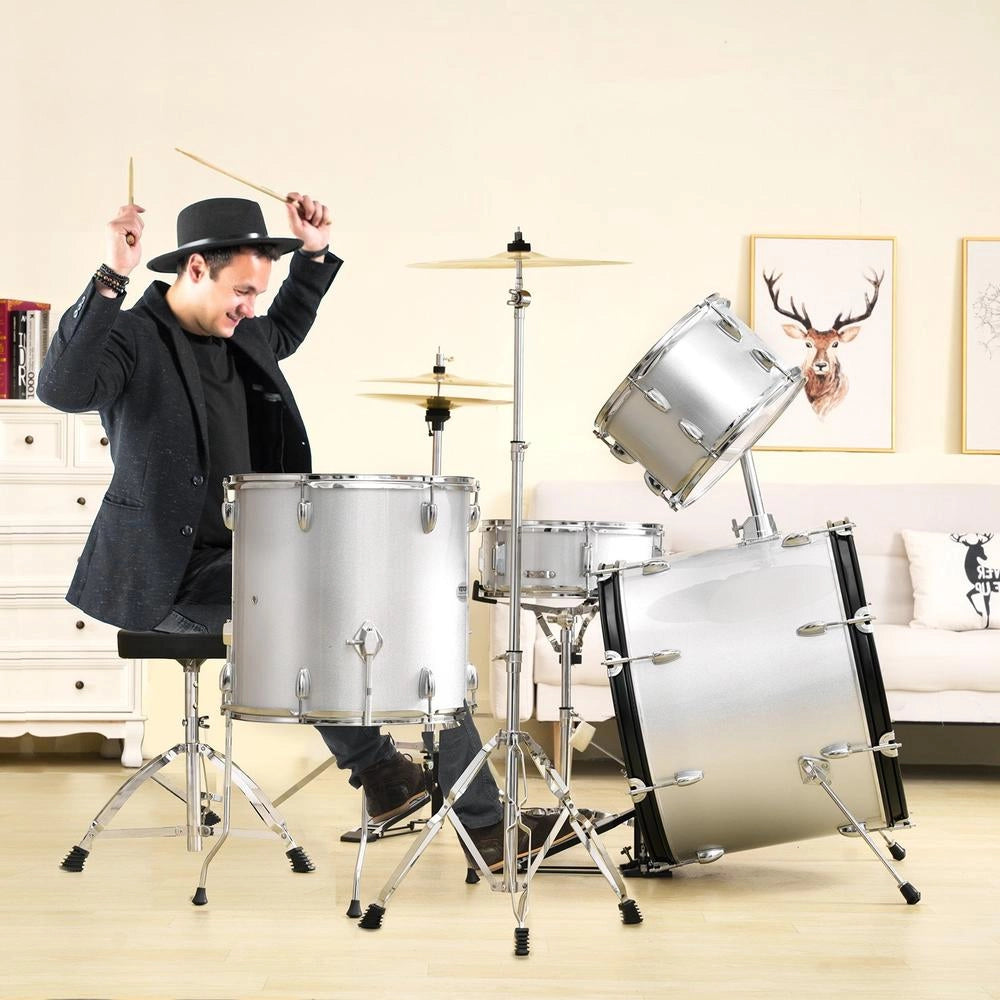 Kit Batteria Bambini Principianti 5 Pezzi Basso Tom Rullante Trono Piatto Pedale Hi-Hat Bacchette 558.8 mm Argento