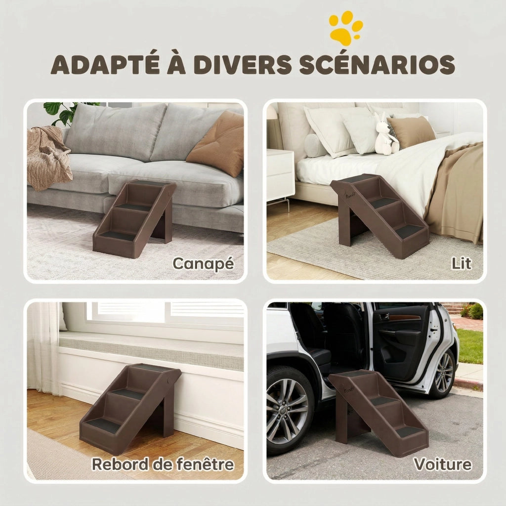 Scaletta per Cani e Animali Pieghevole a 3 Gradini Antiscivolo in Plastica Marrone per Casa e Divano 53 x 30,5 x 36,5 cm