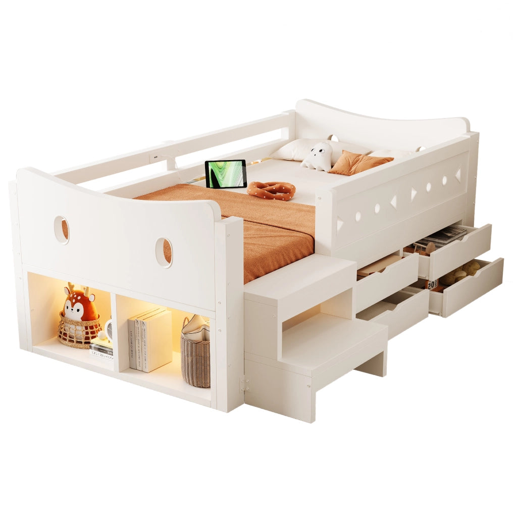 Letto con cassetti 90 × 200 cm con gradini laterali; barriere di protezione; LED; USB e porta Type-C in legno bianco