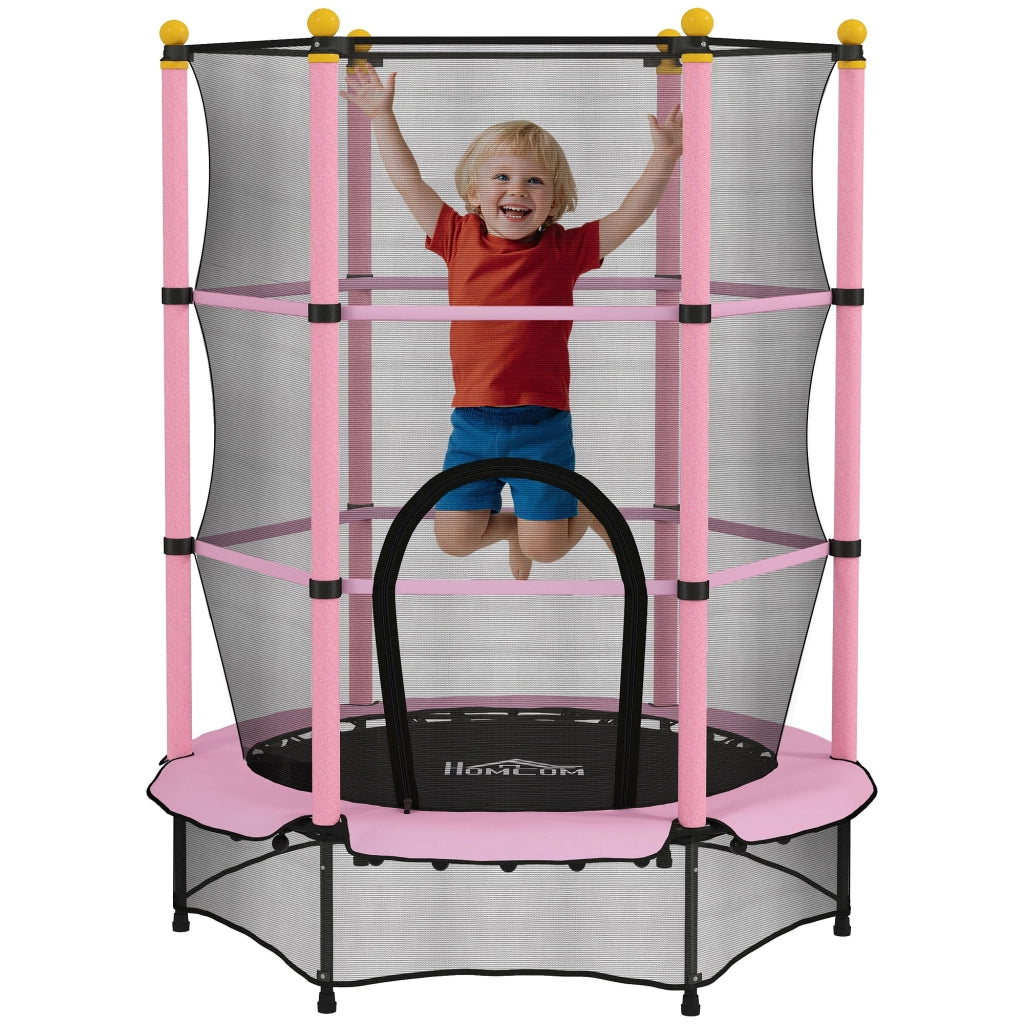 Tappeto Elastico per Bambini con Rete di Sicurezza e Pali Imbottiti Et¨¤ 3-10 Anni, ?140 x 190 cm, Rosa