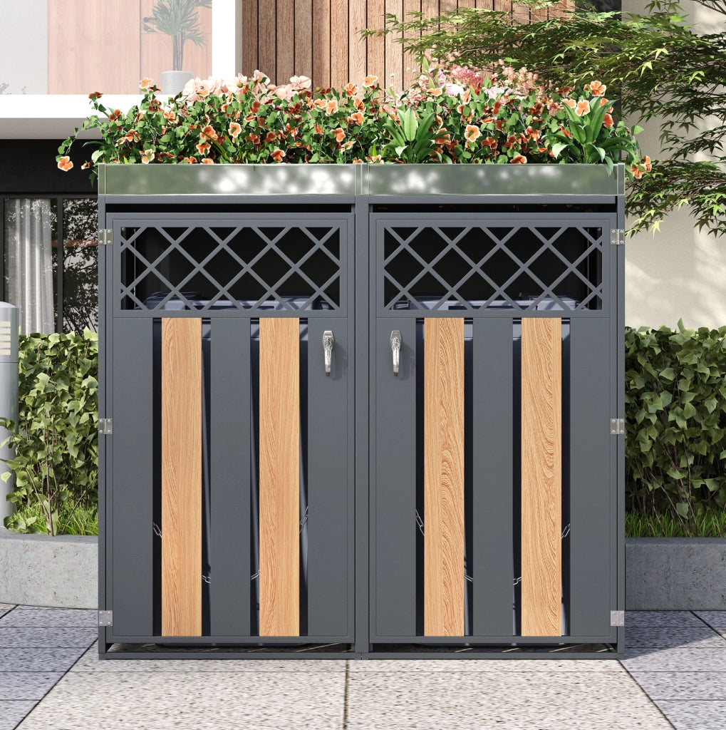 Armadio per bidoni raccolta differenziata con fioriera integrata, struttura in acciaio zincato, design con ventilazione a rombi e finitura effetto legno, chiudibile a chiave