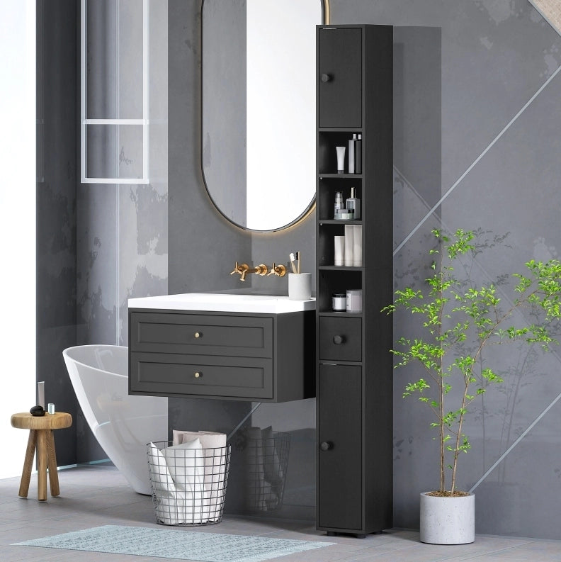 Mobile bagno nero alto e stretto 180x20x20 cm con ripiani regolabili e cinghie anticaduta