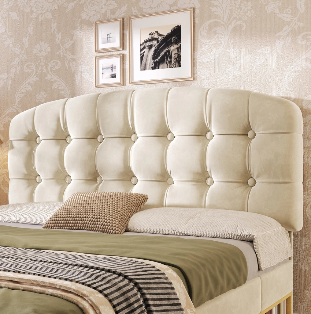 Letto matrimoniale 140x190 cm in velluto beige con testiera regolabile, vani e cassetti