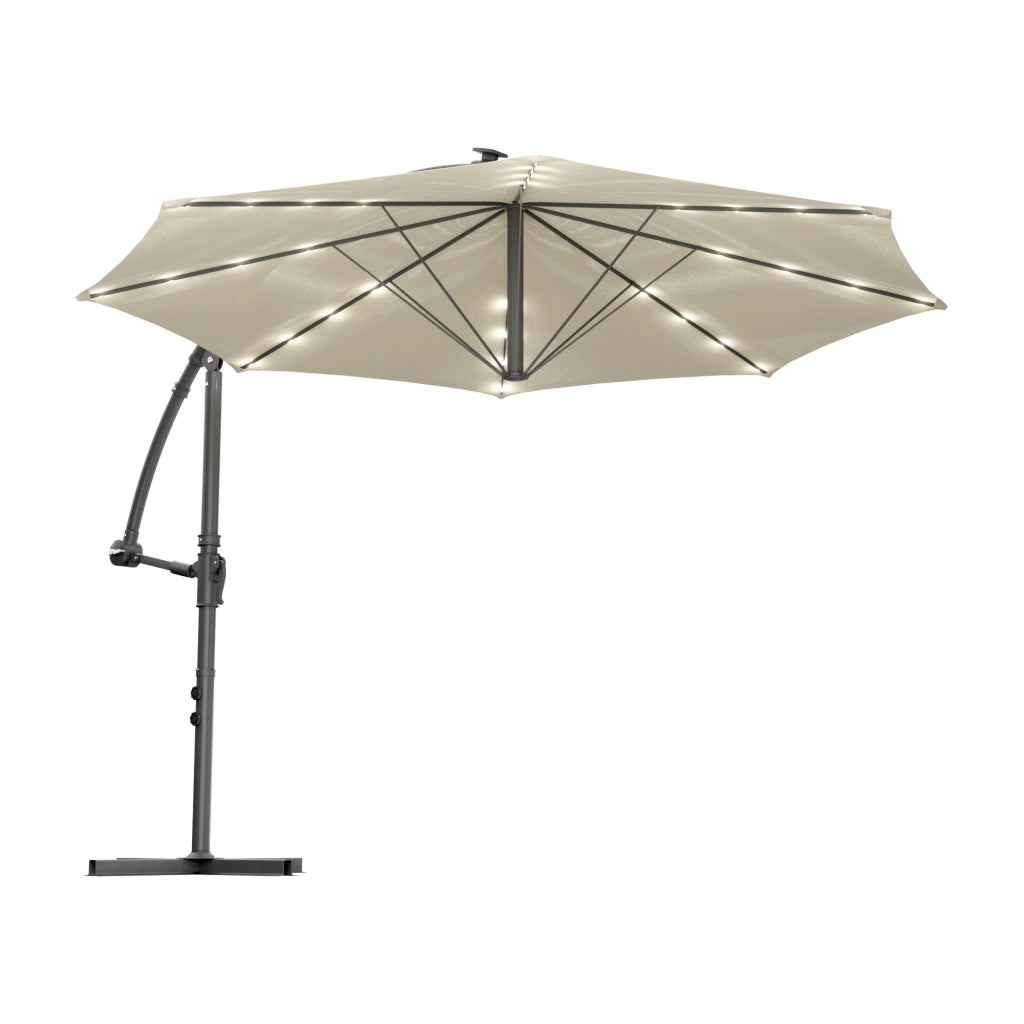 Solomoon - Ombrellone da giardino decentrato ø 350 cm con 32 led ad energia solare con manovella in accaio beige