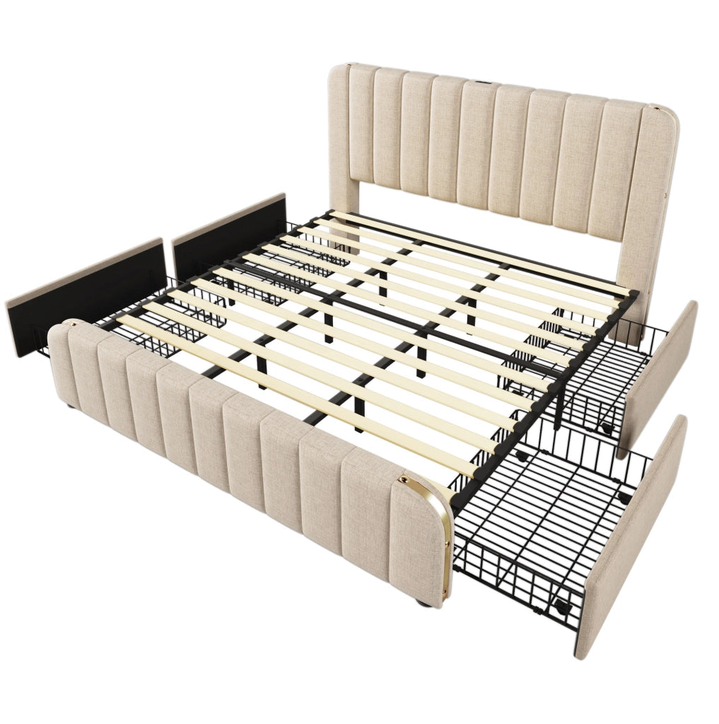 Letto matrimoniale imbottito 180x200 cm in lino beige con 4 cassetti; USB e Type-C; materasso incluso