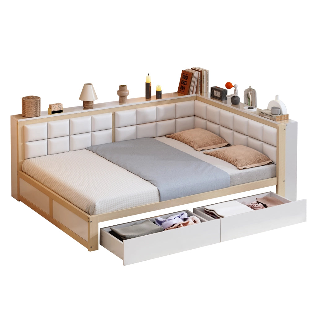 Letto singolo 140×200 cm con 2 cassetti e schienale morbido; senza materasso; legno; colore naturale
