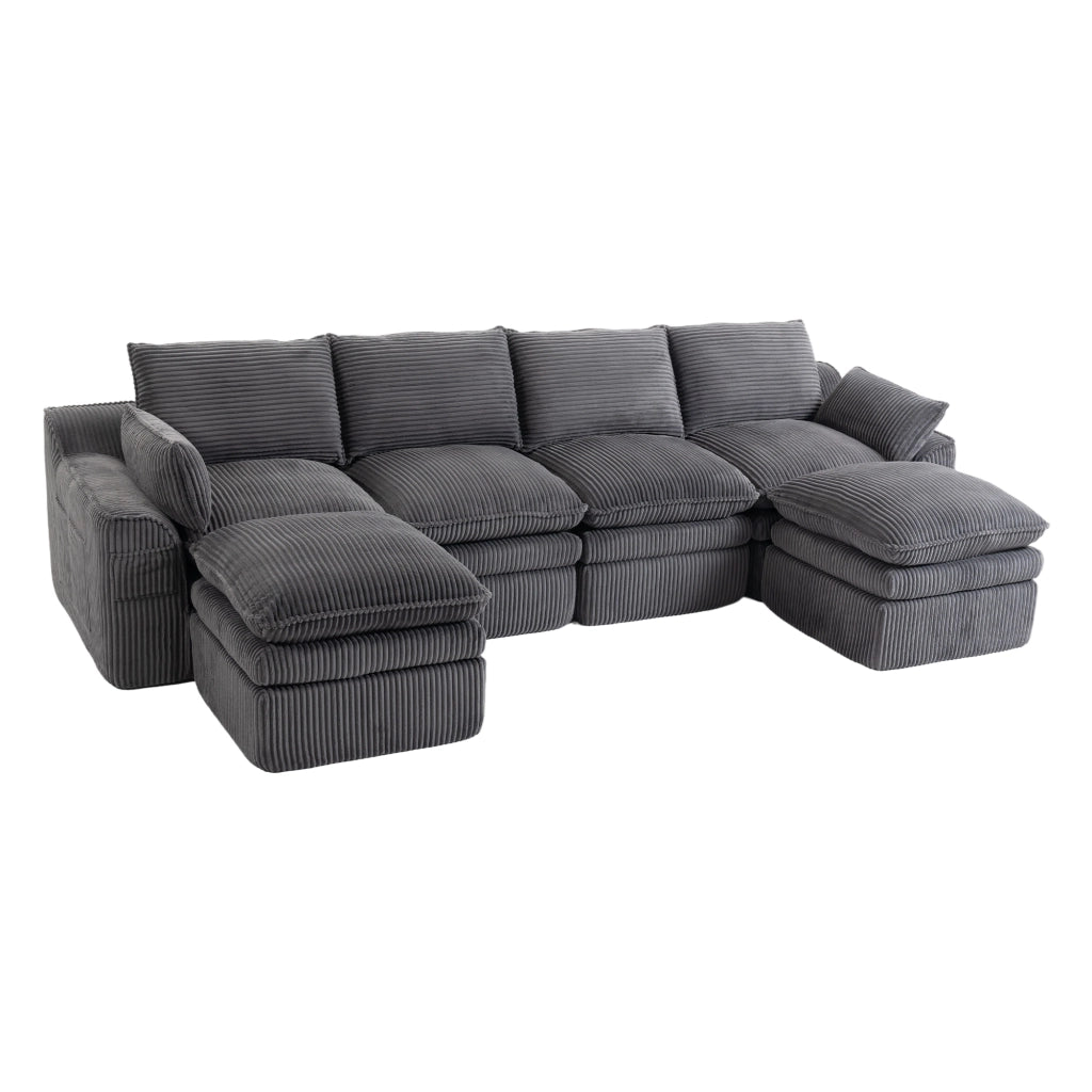 Sedili per divani modulari 4 con pouf 2; 335x167x85 cm;cuscini e tasche laterali;strati di seduta in schiuma 3 con molle;velluto a coste;grigio scuro