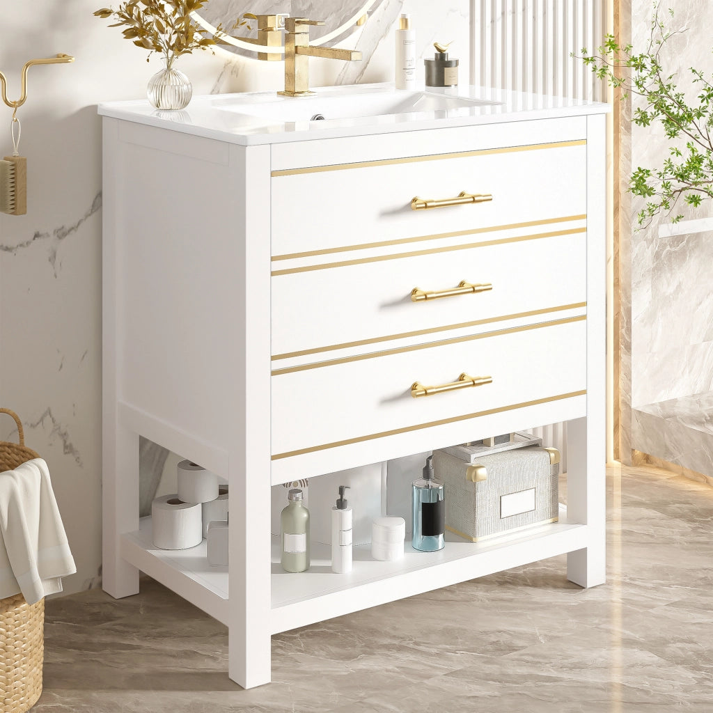 Mobiletto con lavabo da bagno a terra in MDF con lavabo in ceramica 2 cassetti vano aperto bianco e oro 76 cm