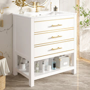 Mobiletto con lavabo da bagno a terra in MDF con lavabo in ceramica 2 cassetti vano aperto bianco e oro 76 cm