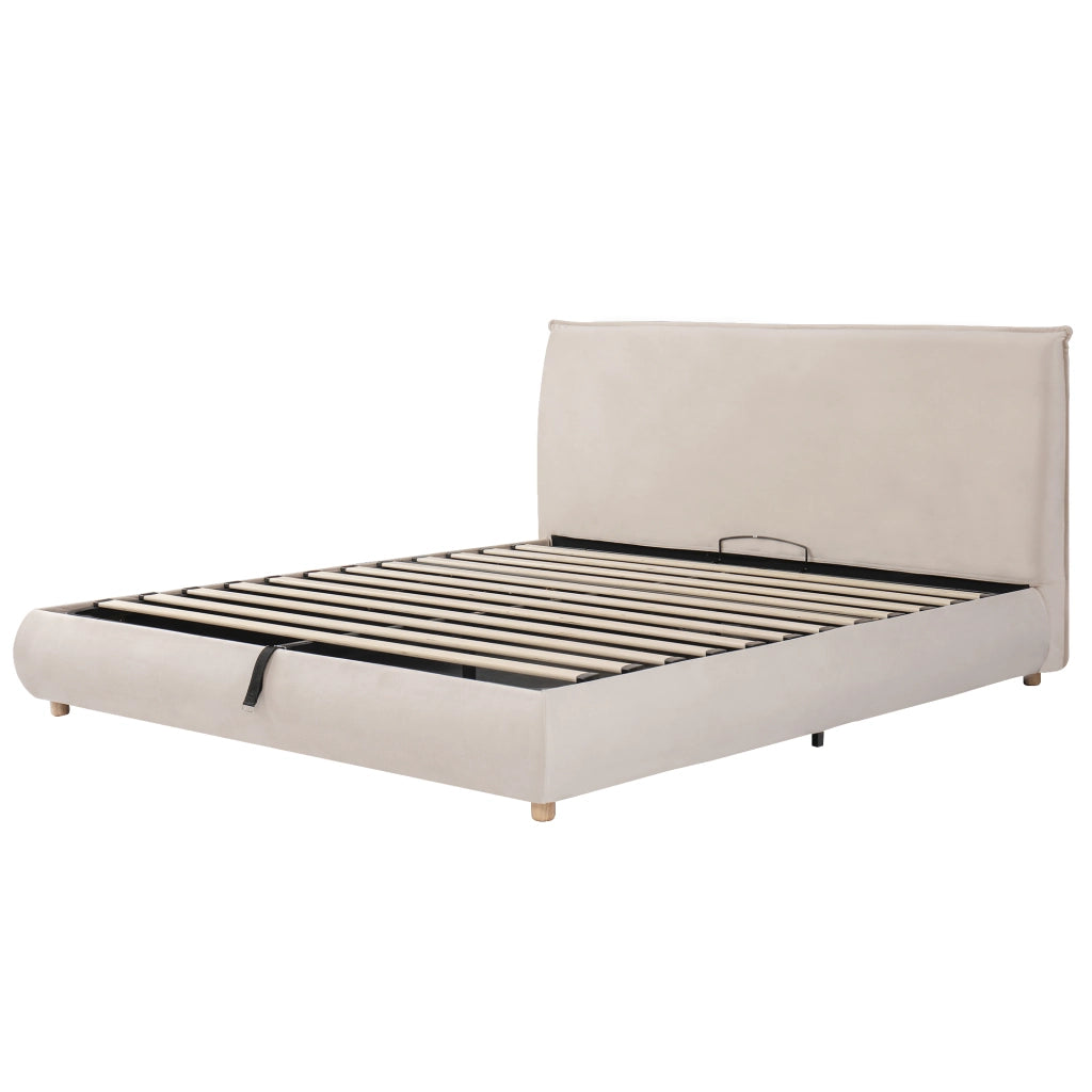 Letto matrimoniale 160 × 200 cm con contenitore idraulico e testiera imbottita, senza materasso, in velluto crema