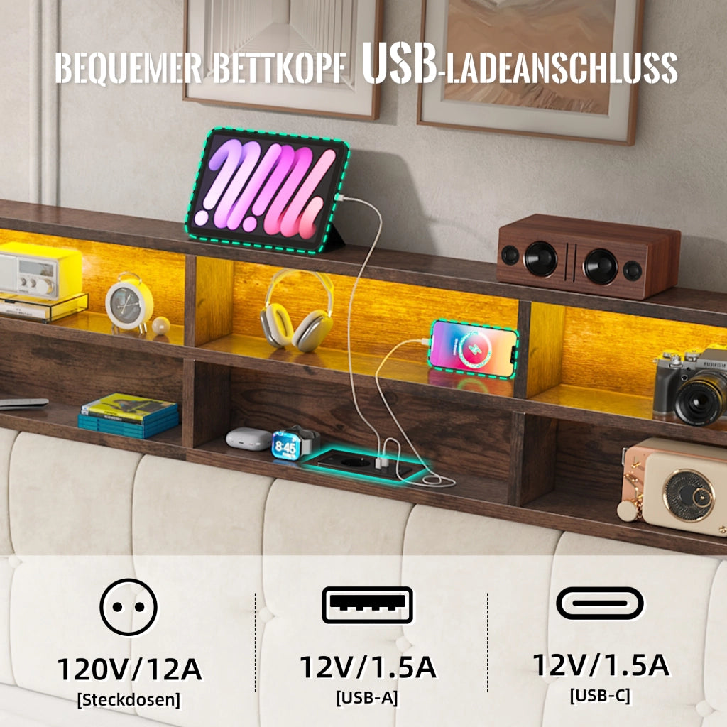 Letto imbottito 180 × 200 cm con contenitore idraulico testiera multifunzione USB-C LED velluto beige