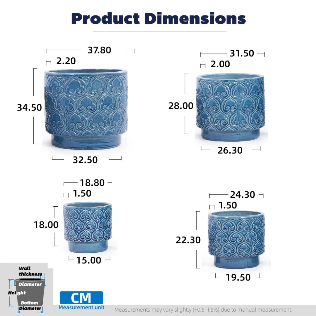 Vaso da Giardino in Ceramica Artigianale Ø38 cm Blu Lucido con Motivo a Cuore e Foro di Drenaggio, Resistente al Gelo