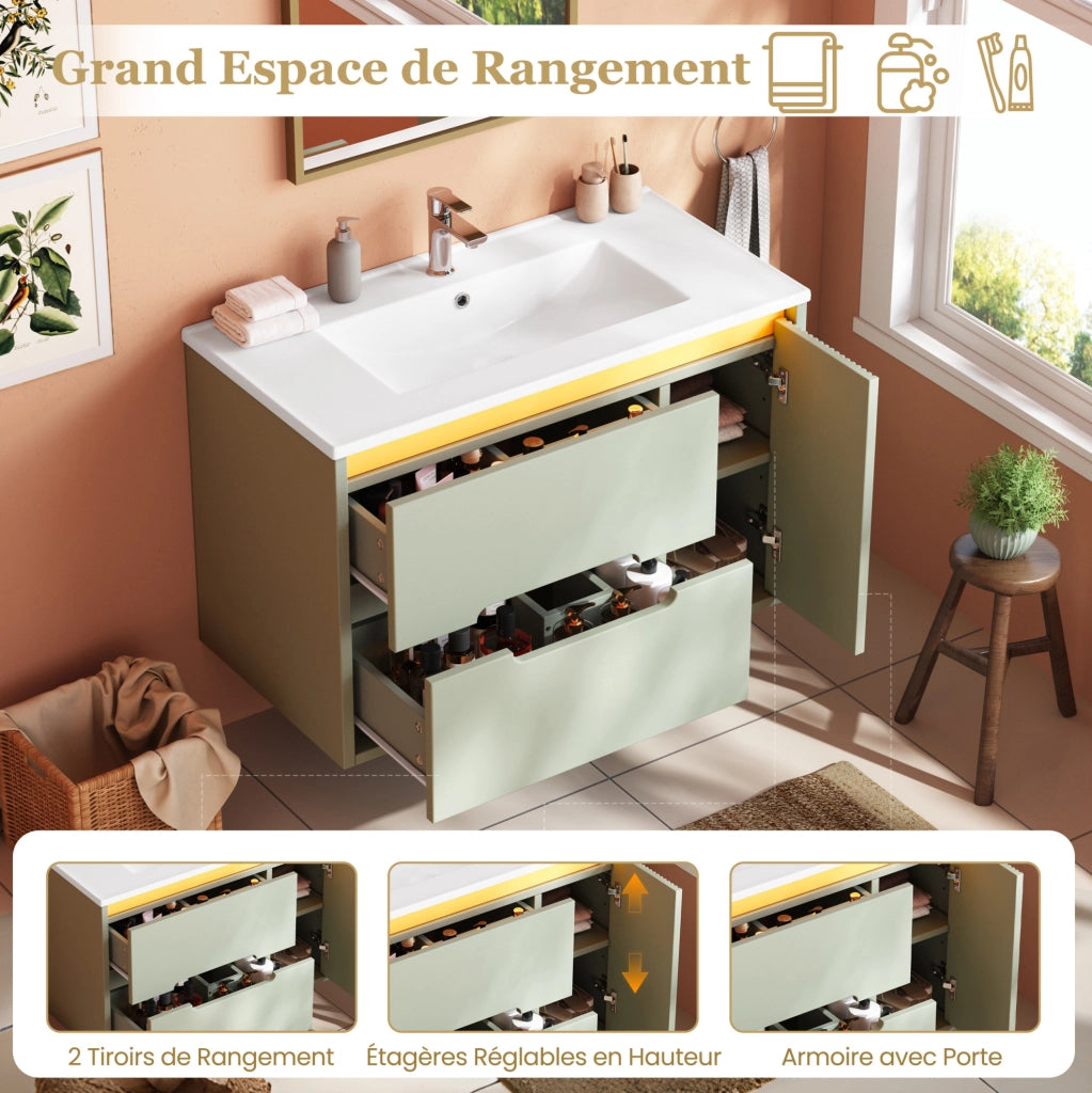 Mobile bagno sospeso 81 cm con lavabo in ceramica, illuminazione LED regolabile e design a onde, colore verde, senza miscelatore