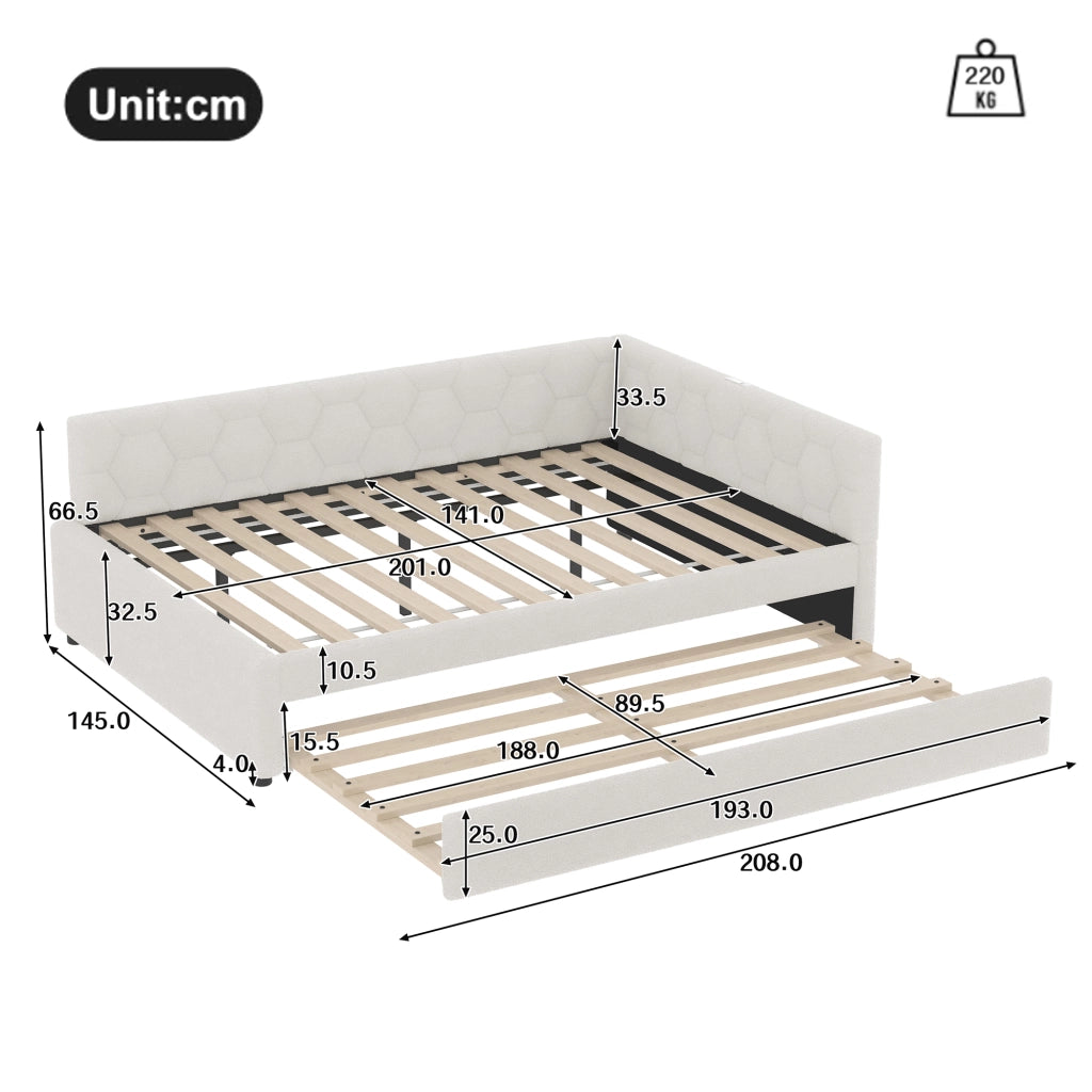 Letto con letto estraibile 140 × 200 cm con USB e porta USB-C lampada da comodino bianco con rete a doghe