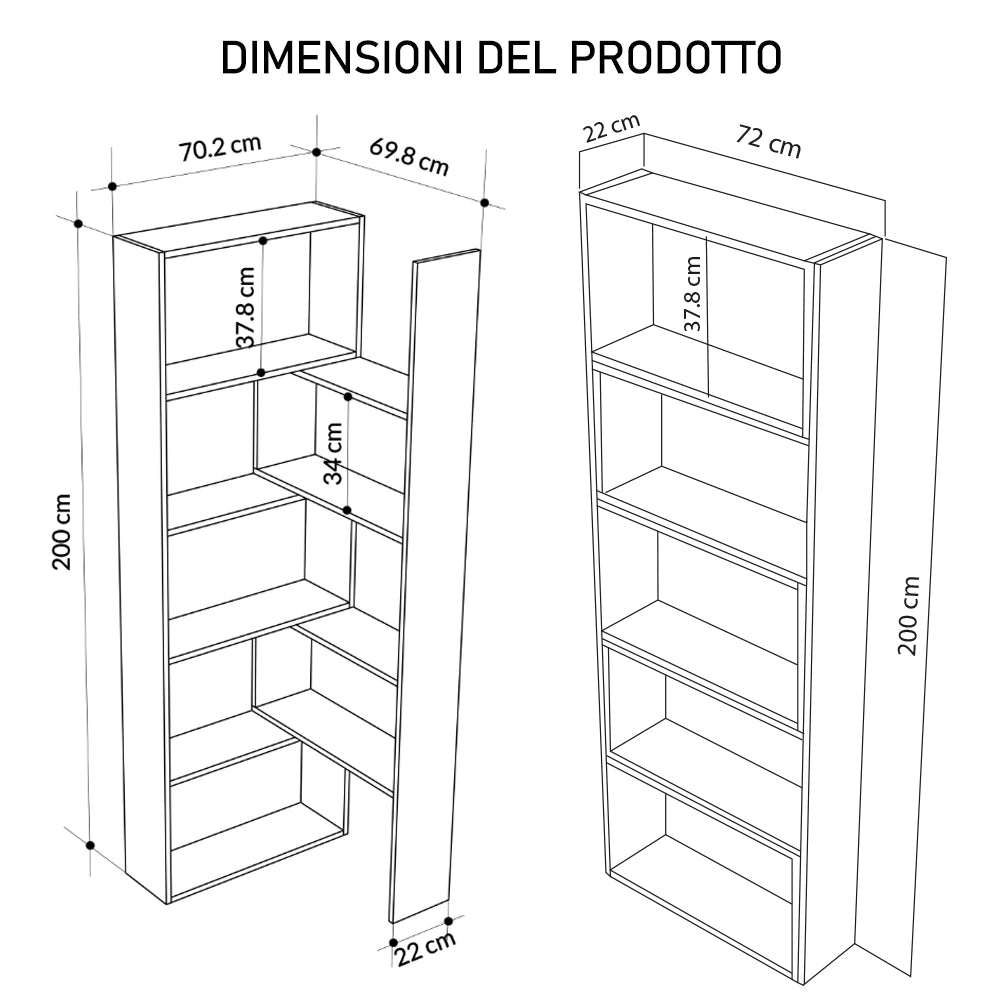 Libreria Modulare Apribile Legno Moka Scaffale per Libri Componibile 72x22x200cm