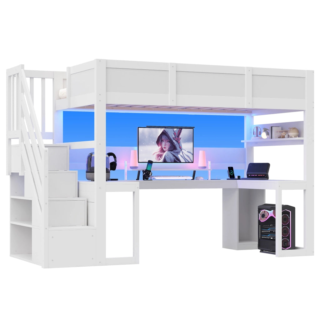 Letto a soppalco 90 × 200 cm con scrivania scala con vani MDF e compensato bianco LED USB