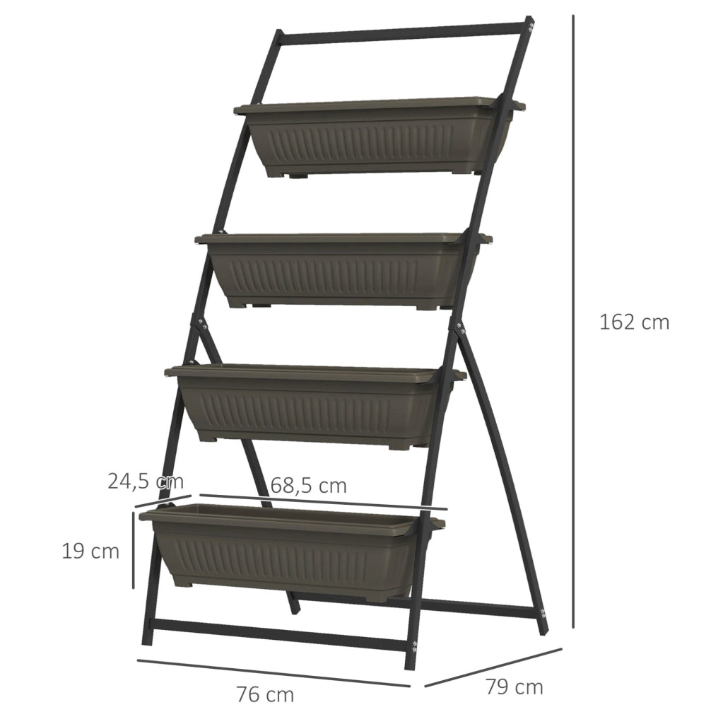Supporto per piante a 4 livelli in acciaio con vasi in plastica, marrone, 76 x 79 x 162 cm