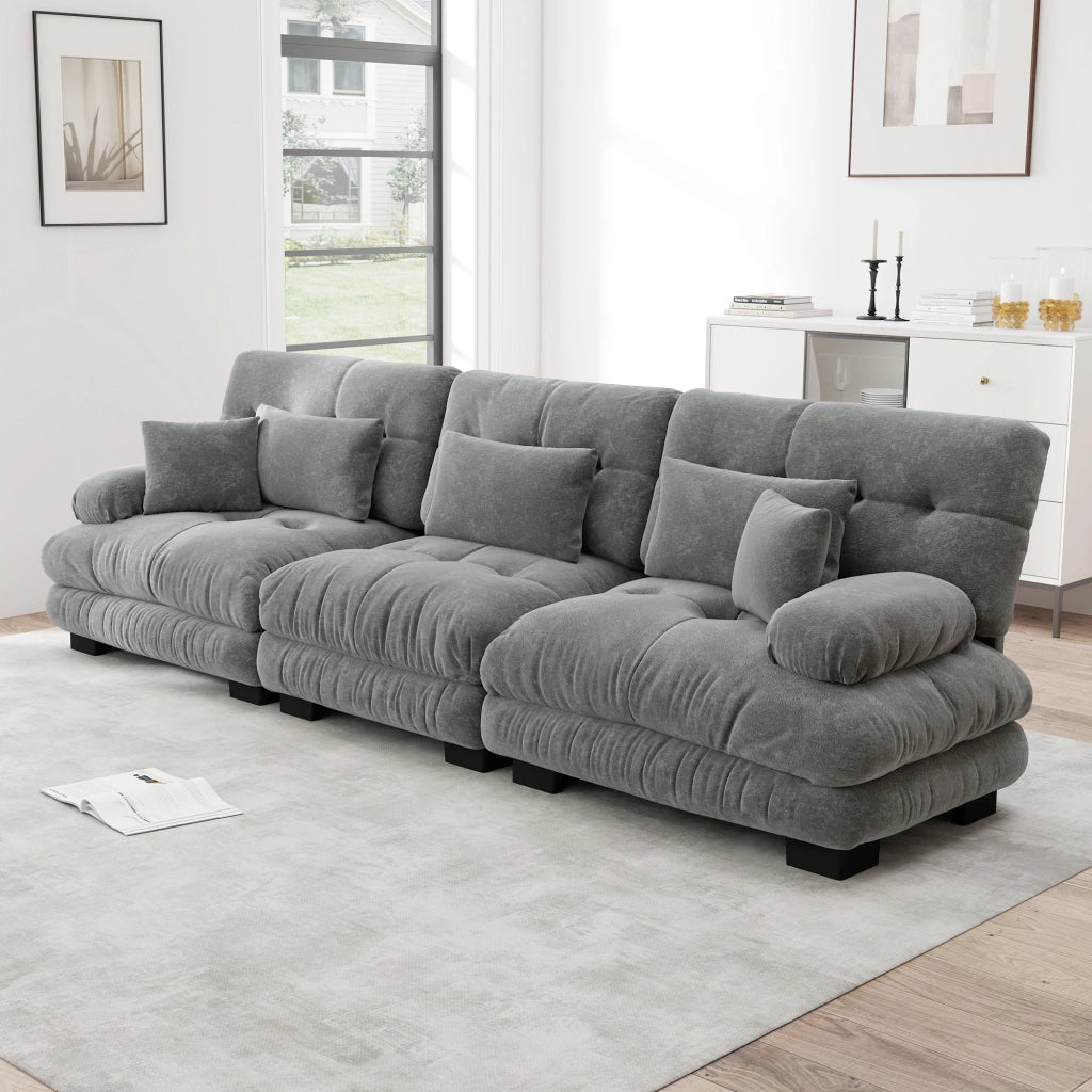 Divano modulare in ciniglia grigia con seduta profonda e cuscini decorativi 313 × 77 × 81 cm