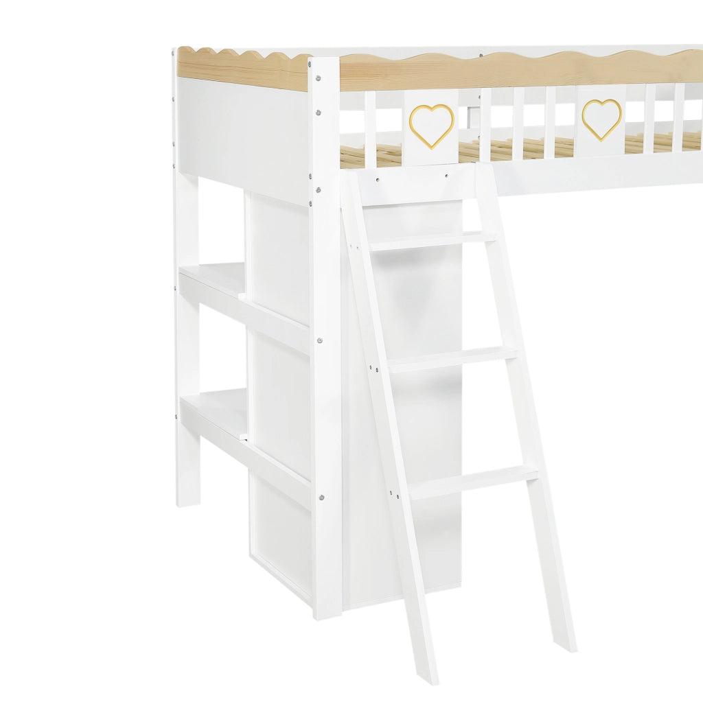 Letto a soppalco per bambini 90x200 cm con scivolo, armadio e ripiano bianco/naturale