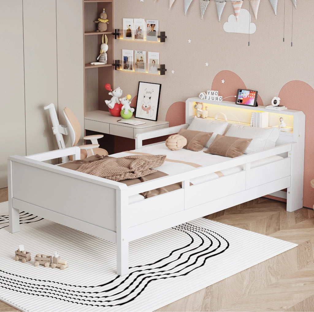 Letto singolo per bambini 90x200 in legno bianco con LED， presa USB e Type-C， senza materasso