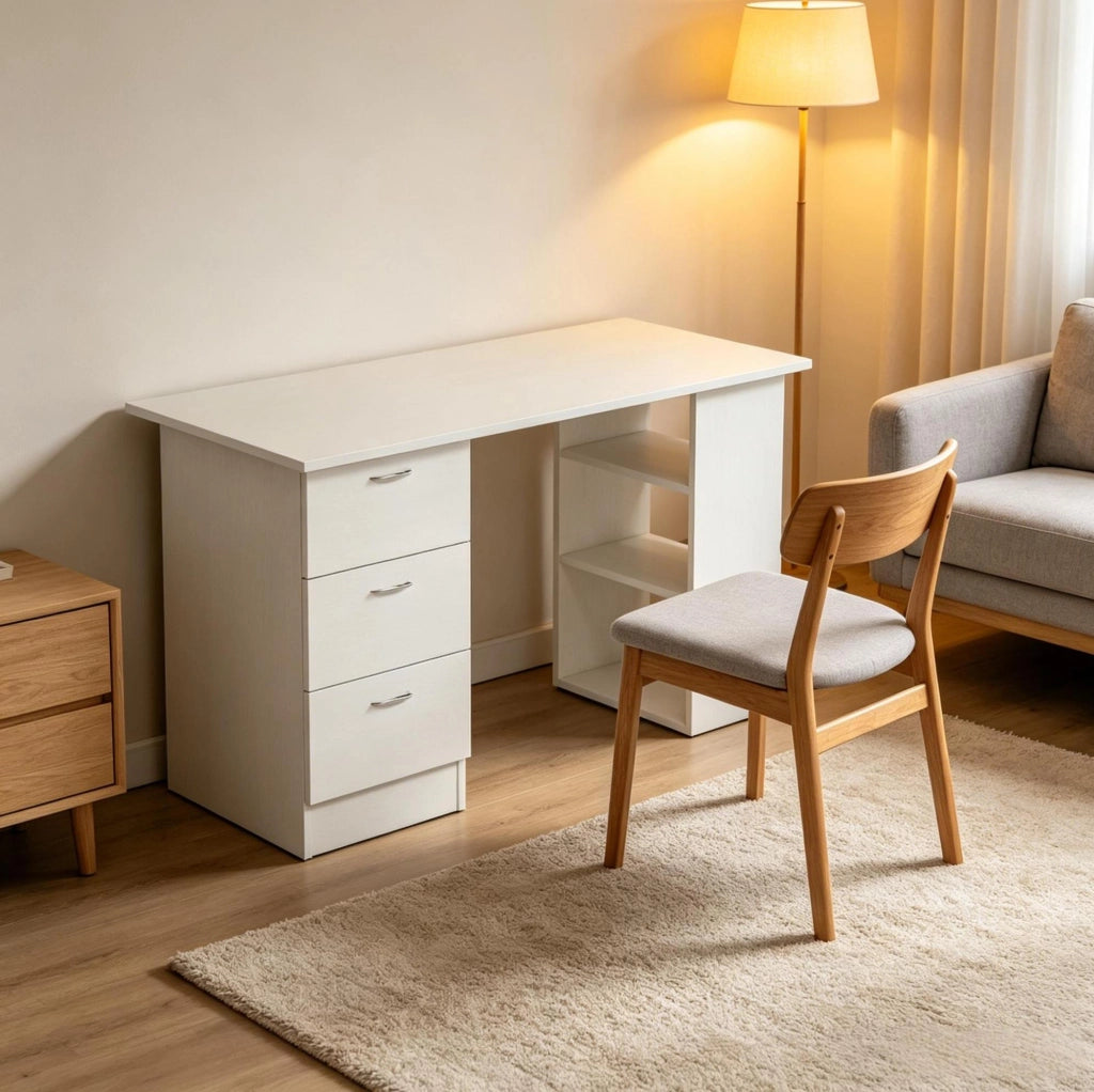 Scrivania per computer in MDF bianco con 3 cassetti e 3 ripiani