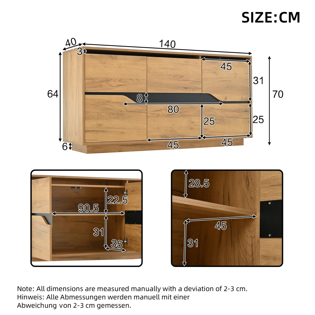 Credenza a 3 ante con divisori regolabili; chiusura ammortizzata; per soggiorno; 140 × 40 × 70 cm