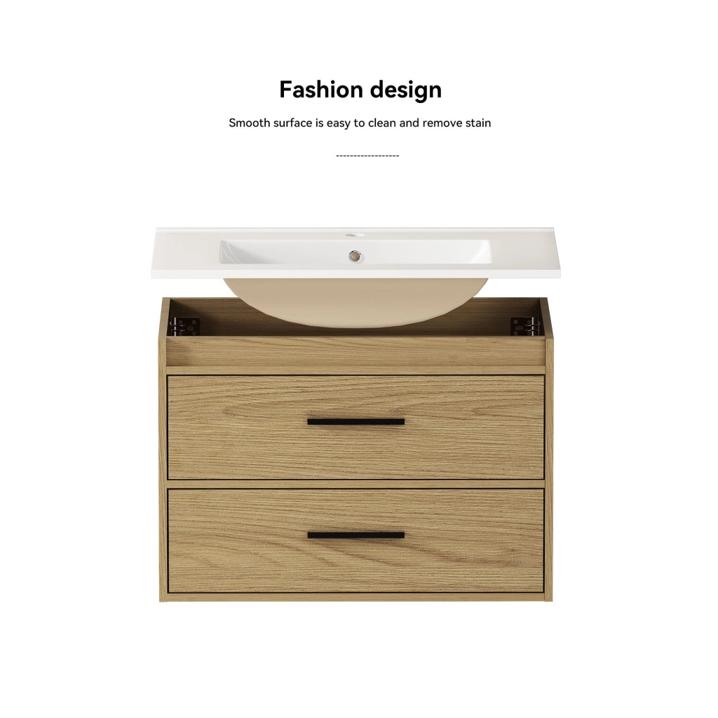 Armadietto da bagno con 2 cassetti in MDF e ceramica rovere chiaro larghezza 75 cm