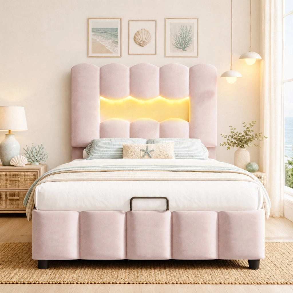 Letto singolo 90x200 cm con contenitore idraulico e LED in velluto rosa